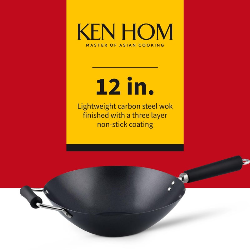 Ken Hom 12" Carbon Steel Nonstick Stir Fry Wok - Soft Touch Helper Handle and Lightweight Flat Bottom Design - Image 2